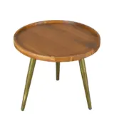 Winy Minimalist Teak Wood Round Shaped Side Table With Golden Legs – Walnut Finish - Image 3