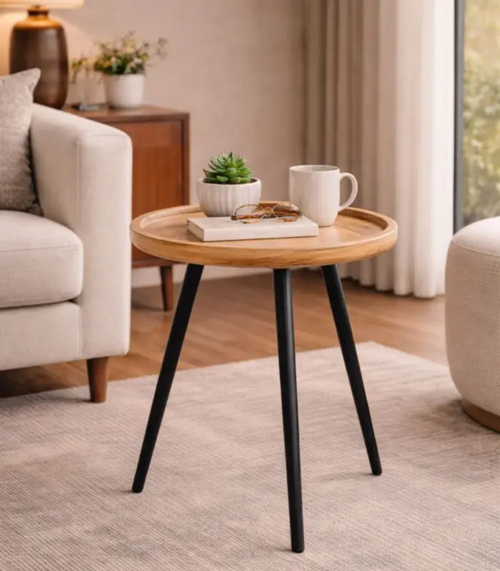 Minimalist Teak Wood Round Shaped Side Table With Metal Legs – Walnut Finish