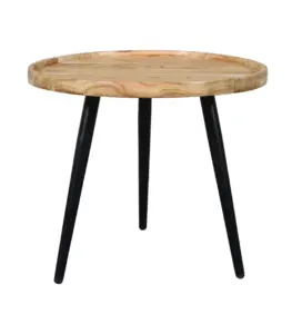 Minimalist Teak Wood Round Shaped Side Table With Metal Legs – Walnut Finish