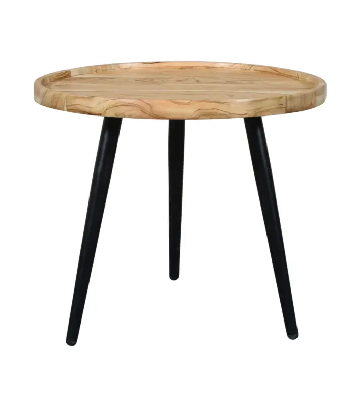 Minimalist Teak Wood Round Shaped Side Table With Metal Legs – Walnut Finish