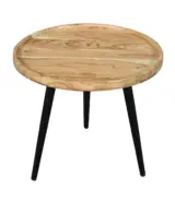 Minimalist Teak Wood Round Shaped Side Table With Metal Legs – Walnut Finish