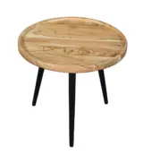 Minimalist Teak Wood Round Shaped Side Table With Metal Legs – Walnut Finish