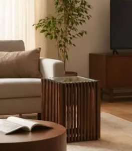 Rollet Acacia Wood With Glass Top Square Shaped Side Table – Dark Brown Finish