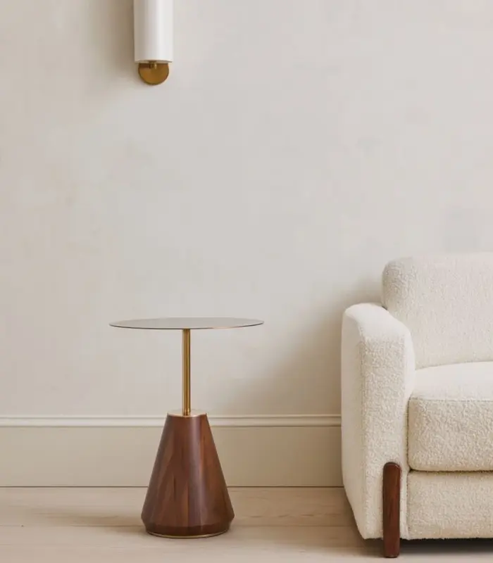 Wenish Brass Top Acacia Wood Round Shaped Side Table – Dark Brown Finisha