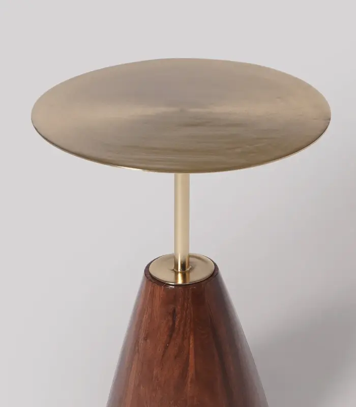 Wenish Brass Top Acacia Wood Round Shaped Side Table – Dark Brown Finish 2