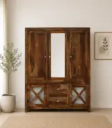 Duro Sheesham Wood 3 Door Wardrobe with Mirror and Drawers – Provincial Teak Finish