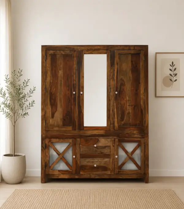 Duro Sheesham Wood 3 Door Wardrobe with Mirror and Drawers – Provincial Teak Finish