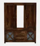 Duro Sheesham Wood 3 Door Wardrobe with Mirror and Drawers – Provincial Teak Finish - Image 2