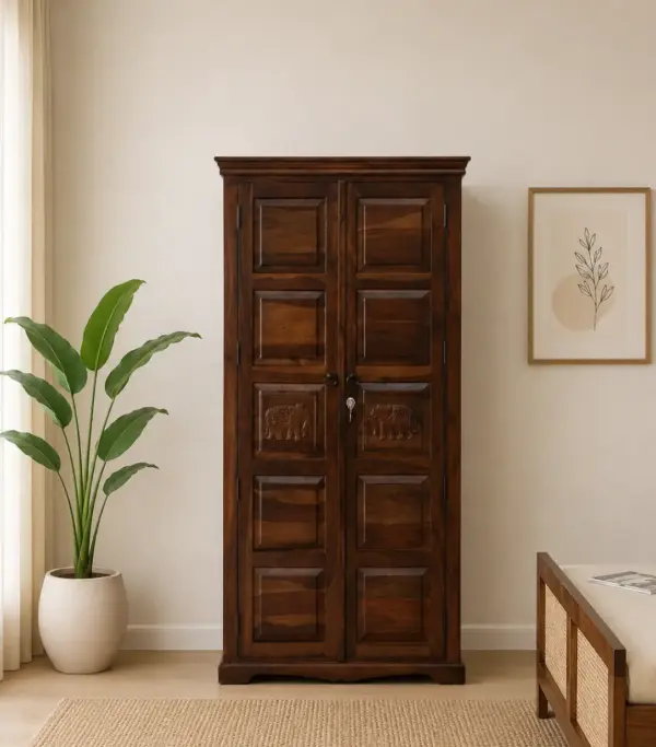 Sheesham Wood 2 Door Wardrobe In Provincial Teak Finish With 3 Shelves