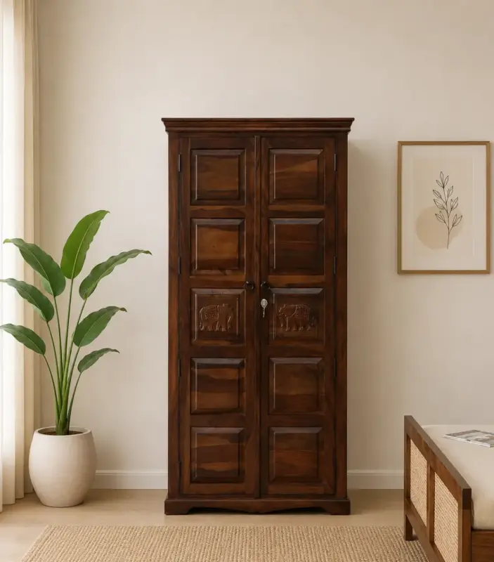 Sheesham Wood 2 Door Wardrobe In Provincial Teak Finish With 3 Shelves