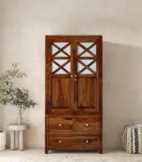 Sheesham Wood 2 Door Wardrobe With 3 Drawers And Shelves In Honey Finish