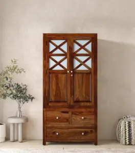 Sheesham Wood 2 Door Wardrobe With 3 Drawers And Shelves In Honey Finish