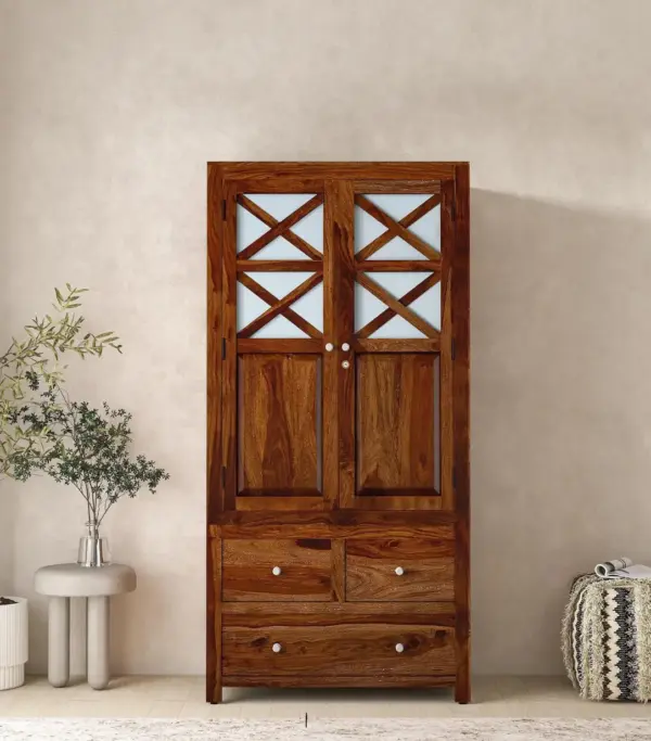Sheesham Wood 2 Door Wardrobe With 3 Drawers And Shelves In Honey Finish
