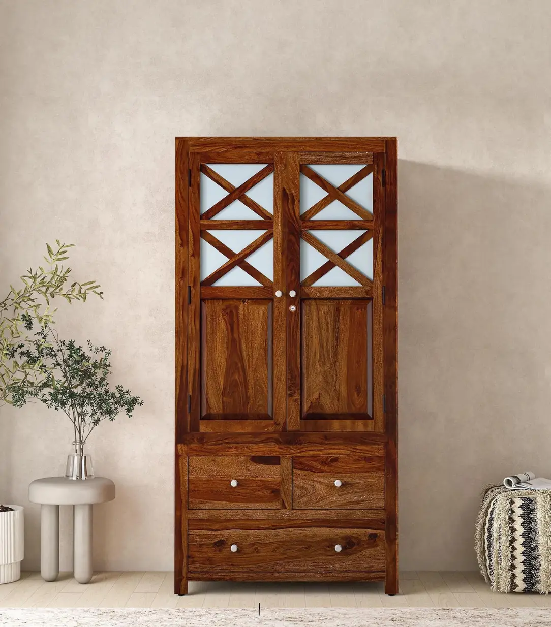 Sheesham Wood 2 Door Wardrobe With 3 Drawers And Shelves In Honey Finish