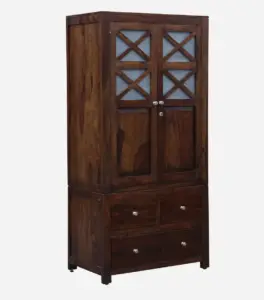 Sheesham Wood 2 Door Wardrobe With 3 Drawers And Shelves In Honey Finish 4