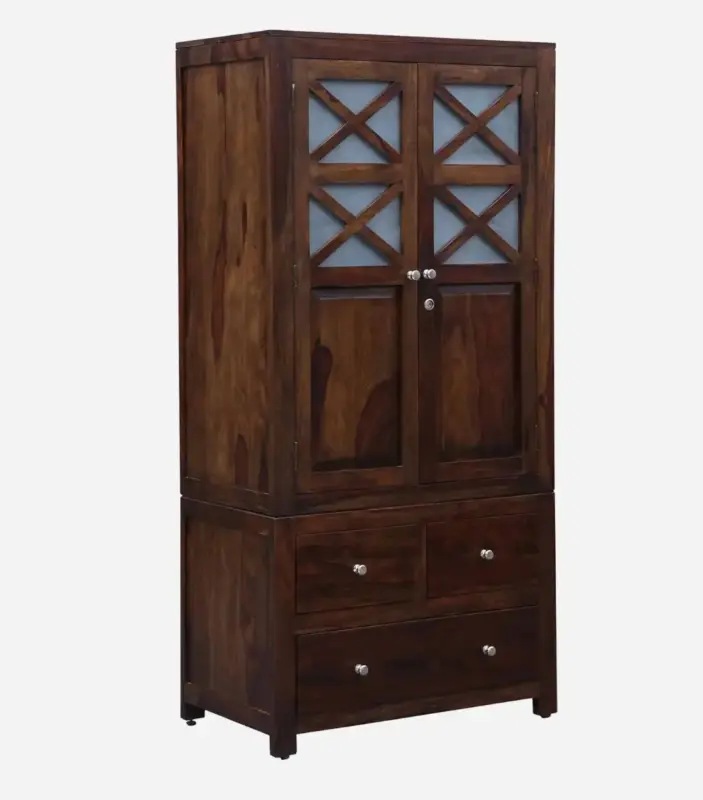 Sheesham Wood 2 Door Wardrobe With 3 Drawers And Shelves In Honey Finish 4