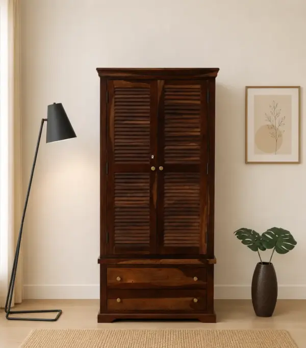 Sheesham Wood 2 Door Wardrobe With Drawers And Door Lock In Provincial Teak Finish