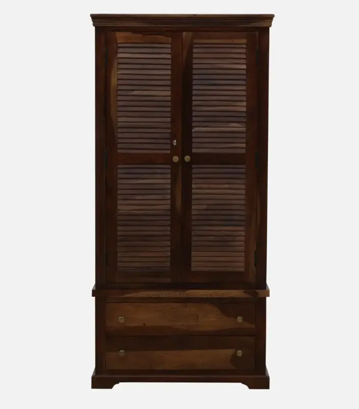 Sheesham Wood 2 Door Wardrobe With Drawers And Door Lock In Provincial Teak Finish 5