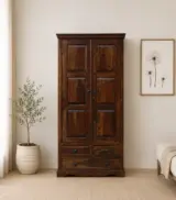 Sheesham Wood 2 Door Wardrobe With Drawers And Door Lock In Provincial Teak Finish