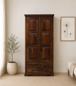 Sheesham Wood 2 Door Wardrobe With Drawers And Door Lock In Provincial Teak Finish