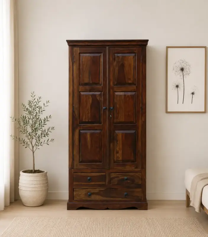 Sheesham Wood 2 Door Wardrobe With Drawers And Door Lock In Provincial Teak Finish