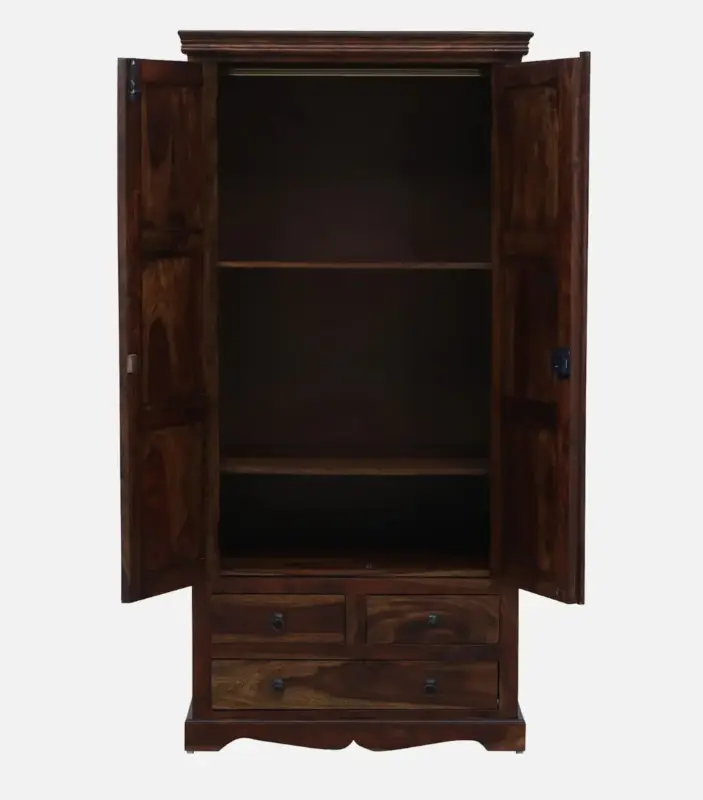 Sheesham Wood 2 Door Wardrobe With Drawers And Door Lock In Provincial Teak Finish 2