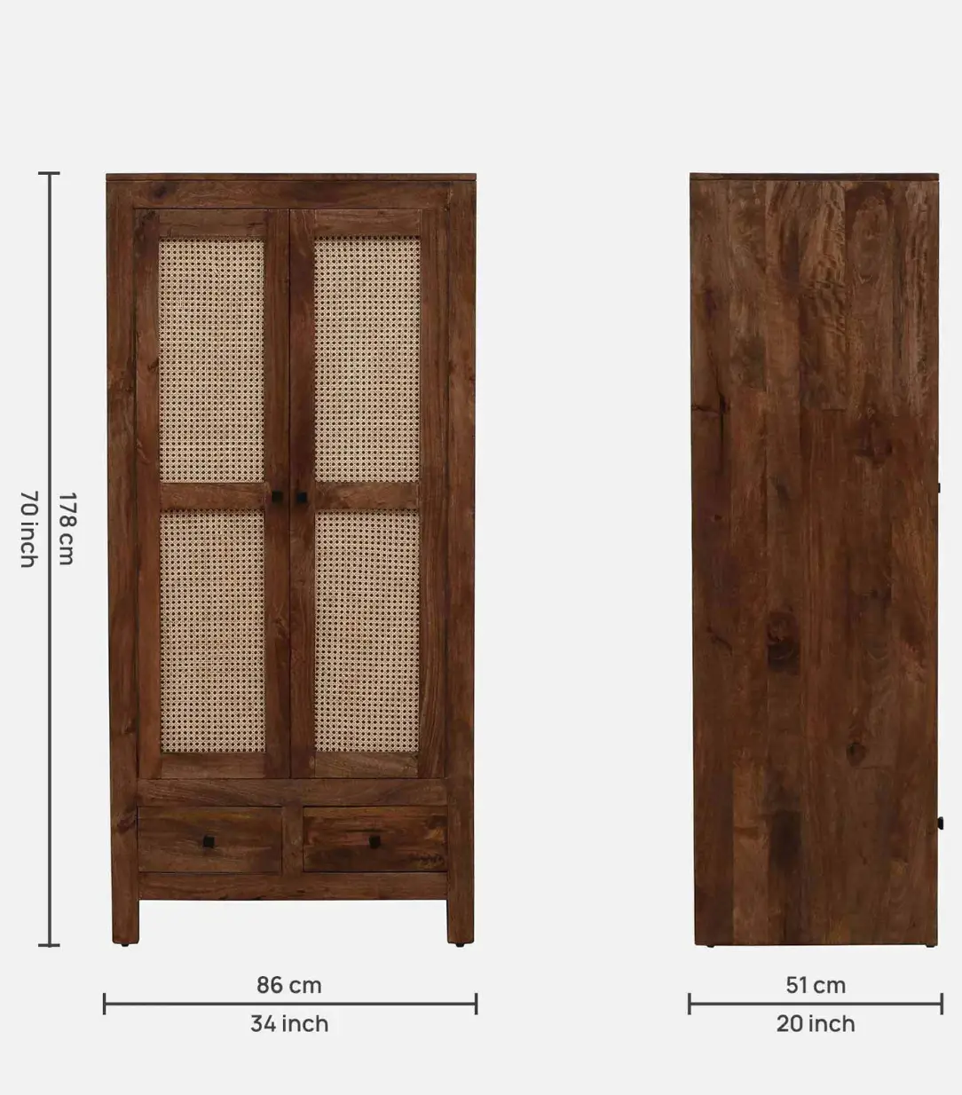 mango wood 2 door wardrobe rattan jali drawers rustic teak 3