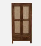Mango Wood 2 Door Wardrobe With Rattan Jali Doors And Drawers In Rustic Teak Finish - Image 4