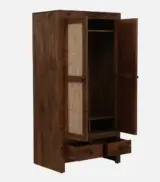 Mango Wood 2 Door Wardrobe With Rattan Jali Doors And Drawers In Rustic Teak Finish - Image 7